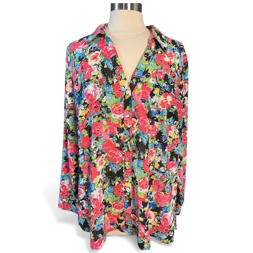Vintage Notations Floral Multicolor Blouse Size 3X Retro Oversized Plus Size